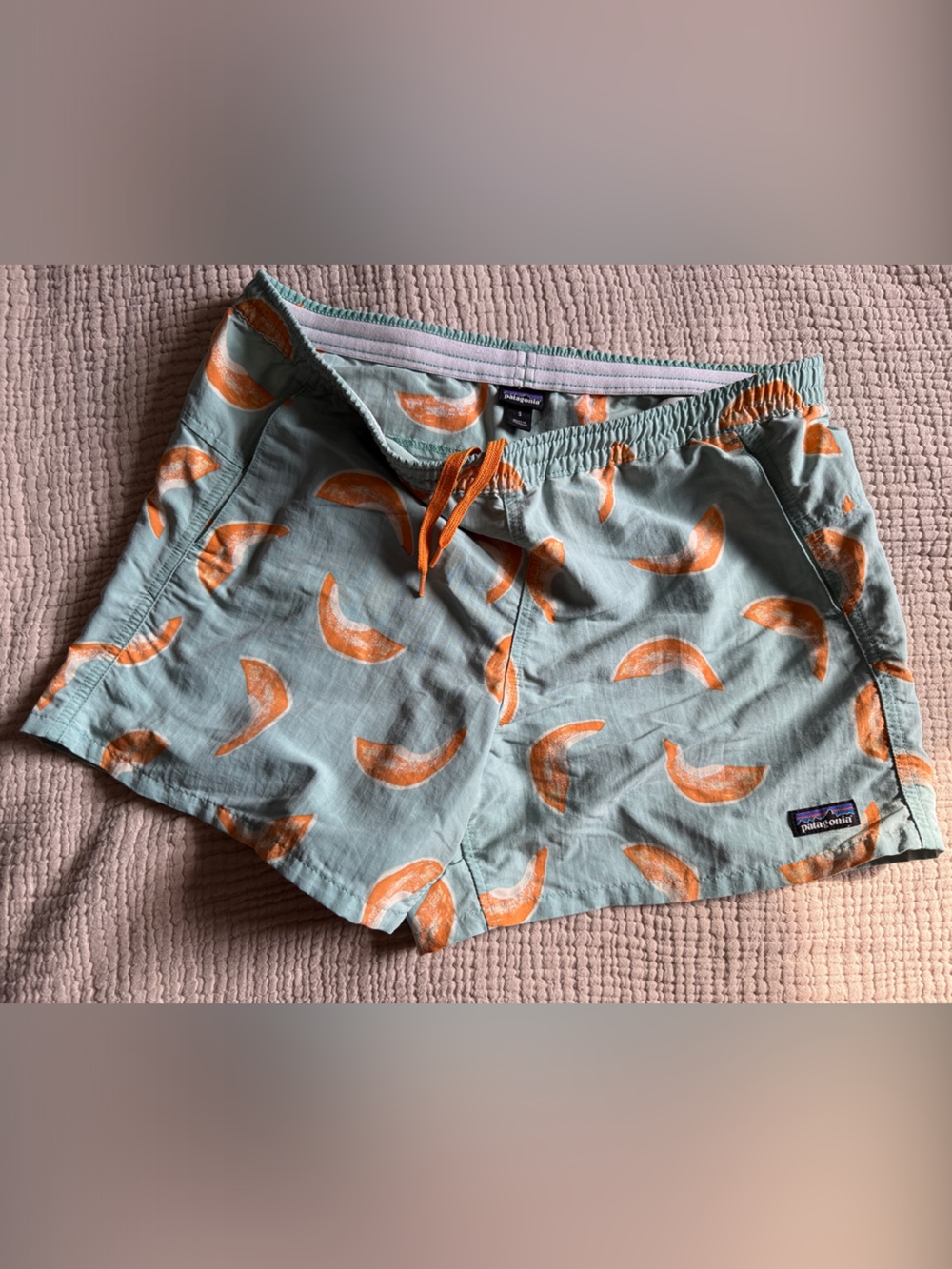 Patagonia Light Blue Orange Melon Citrus  Print Shorts